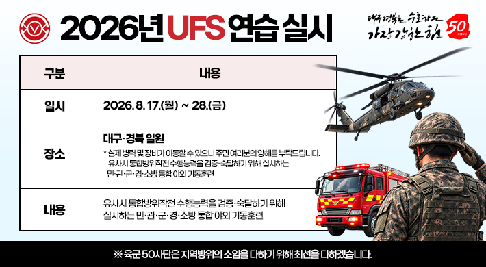 2026년 UFS 연습실시 대구경북을 수호하는 가장 강한한힘50 구분 일시 장소 내용 2026.8.17.(월)~28.(금) 대구·경북 일원 * 실제 병력 및 장비가 이동할수 있으니 주민여러분의 양해를 부탁드립니다. 유사시 통합방위작전수행능력을 검증·숙달하기위해 실시하는 민·관·군·경·소방 통합야외기동훈련 유사시 통합방위작전수행능력을 검증숙달하기 위해 실시하는 민·관·군·경·소방 통합 야외기동훈련 ※육군 50사단은 지역방위의 소임을 다하기 위해 최선을 다하겠습니다.