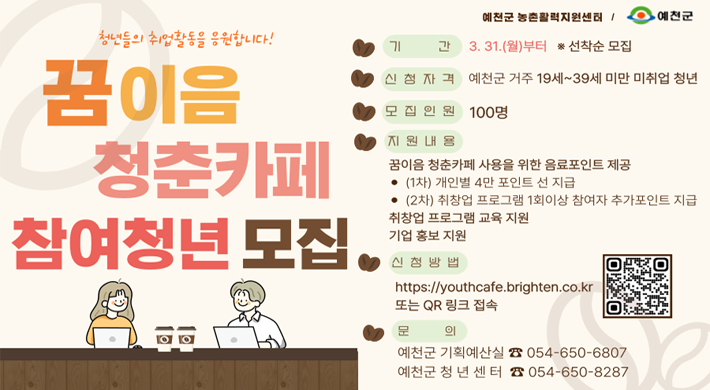 청년들의 취업활동을 응원합니다!꿈이음 청춘카페 참여청년 모집기간 : 3. 31.(월)부터 ※선착순 모집신청자격 : 예천군 거주 19세 ~ 39세 미만 미취업 청년모집인원 : 100명지원내용 : 꿈이음 청춘카페 사용을 위한 음료포인트 제공(1차) 개인별 4만 포인트 선 지급(2차) 취창업 프로그램 1회이상 참여자 추가포인트 지급취창업 프로그램 교육 지원기업 홍보 지원신청방법https://youthcafe.brighten.co.kr 또는 QR링크 접속문의 : 예천군 기획예산실 ☎ 054-650-6807예천군 청년센터 ☎ 054-650-8287