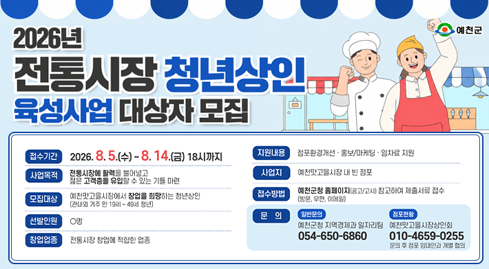 예천군 2026년전통시장 청년상인 육성사업 대상자 모집 접수기간 2026.8.5.(수) ~ 8. 14.(금) 18시까지 사업목적 전통시장에 활력을 불어넣고 젊은 고객층을 유입할 수 있는 기틀 마련 모집대상 예천맛고을시장에서 창업을 희망하는 청년상인 (관내외 거주 만 19세~49세 청년)선발인원 0명창업업종 전통시장 창업에 적합한 업종 지원내용 점포환경개선·홍보/마케팅 • 임차료 지원사업지 예천맛고을시장 내 빈점포 접수방법 예천군청 홈페이지(공고/고시) 참고하여 제출서류 접수 (방문, 우편, 이메일) 문의 일반문의 예천군청 지역경제과 일자리팀 054-650-6860점포현황 예천맛고을시장상인회 010-4659-0255 문의 후 점포 임대인과 개별 협의