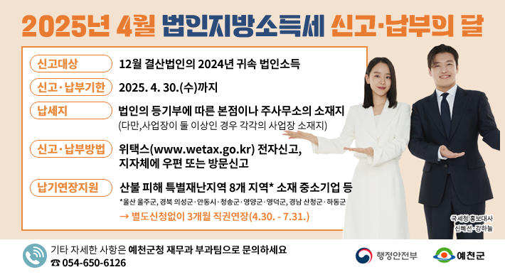 2025년 4월 법인지방소득세 신고·납부의 달신고대상: 12월 결산법인의 2023년 귀속 법인소득신고․납부기한: 2025. 4. 30.(수)까지납 세 지: 법인의 등기에 따른 본점 또는 주사무소 소재지(다만, 사업장이 둘 이상인 경우 각각의 사업장 소재지)신고․납부방법: 위택스 전자신고, 봉화군청 재정과 우편 또는 방문신고납기연장지원 : 산불 피해 특별재난지역 8개 지역* 소재 중소기업 등*울산 울주군, 경북 의성군·안동시·청송군·영양군·영덕군, 경남 산청군·하동군→ 별도신청없이 3개월 직권연장(4.30. - 7.31.)기타 자세한 사항은 예천군청 재무과 부과팀으로 문의하세요 ☎ 054-650-6126행정안전부, 예천군