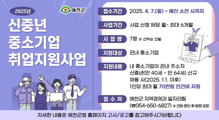 2025년 신중년 중소기업 취업지원사업접수기간 : 2025. 4. 7.(월) ~ 예산 소진 시까지사업기간 : 사업 신청 해당 월 ~ 최대 6개월사업량 : 7명 ※ 선착순 선발지원대상 : 관내 중소기업지원내용 : 내 중소기업이 관내 주소지 신중년(만 40세 ~ 만 65세) 신규 채용 시 (2025. 1. 1. 이후) 1인당 최대 월 70만원 인건비 지원접수처 : 예천군 지역경제과 일자리팀(☎ 054-650-6827) ※ 전화 문의 후 방문 요망자세한 내용은 예천군청 홈페이지 고시/공고를 참고해주시기 바랍니다.