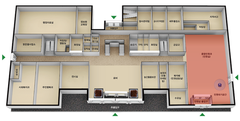의회청사 1층 : 종합민원과, 지적서고, 건축서고, 전실, 작업장, 군금고, 통신실, 화장실