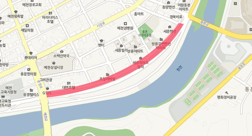 한천길 예천교 ~ 동본교 제방도로 지도