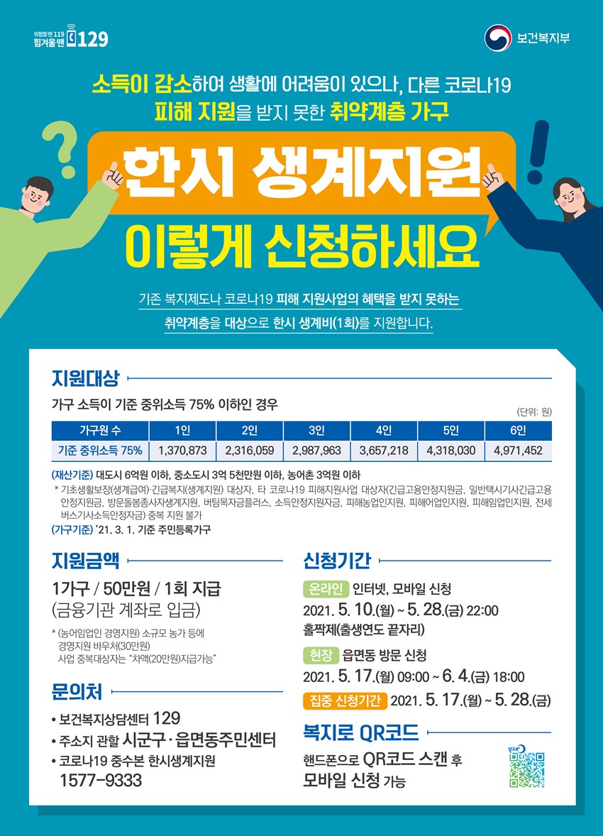 1.4차 맞춤형 피해대책 한시생계지원 사업이 진행되오니 해당되는 분들은 기간내에 신청하세요!