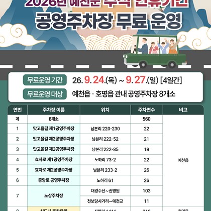 2026년 추석 연휴 기간 예천군 공영주차장 무료 운영 안내!